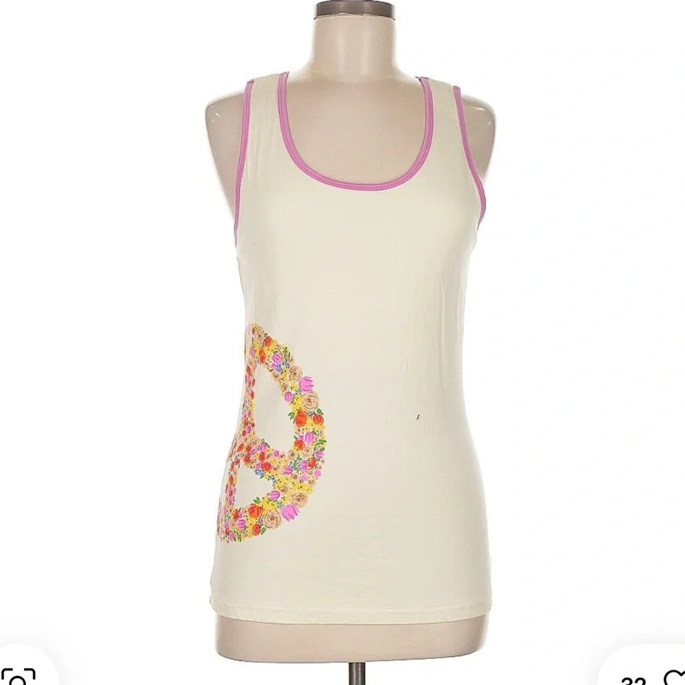 Monki Floral Peace Sign Tank Top Ivory Pink Trim